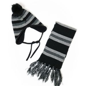 Kids 2-Piece Black Grey Striped Pom Pom Winter Hat Scarf Set